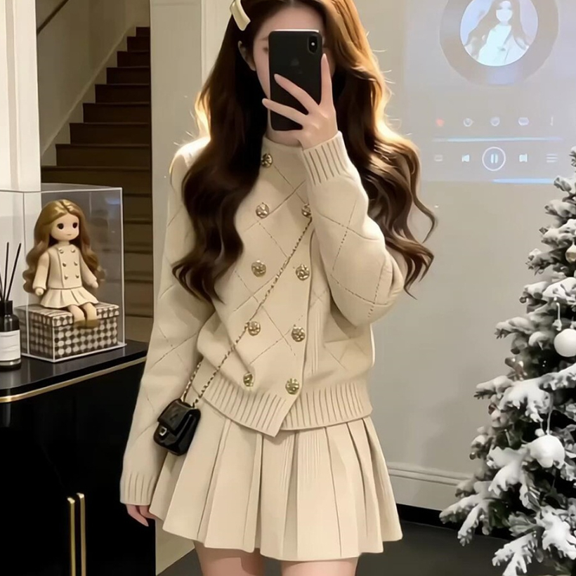 Womens Autumnwinter Small-plaid Chic-style Set