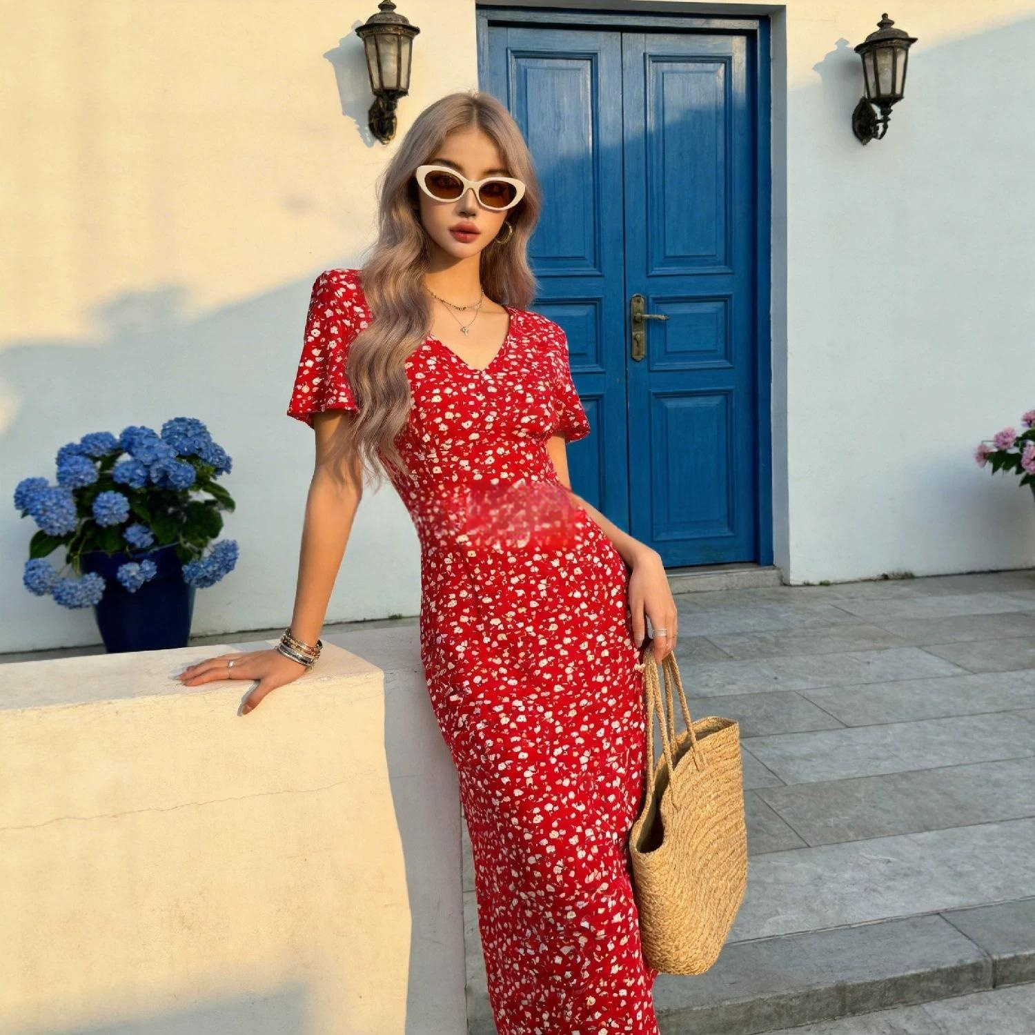 French-style Vintage Red Floral-print Dress
