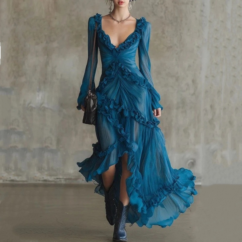Peacock Blue Deep V-Neck Ruffled Dress
