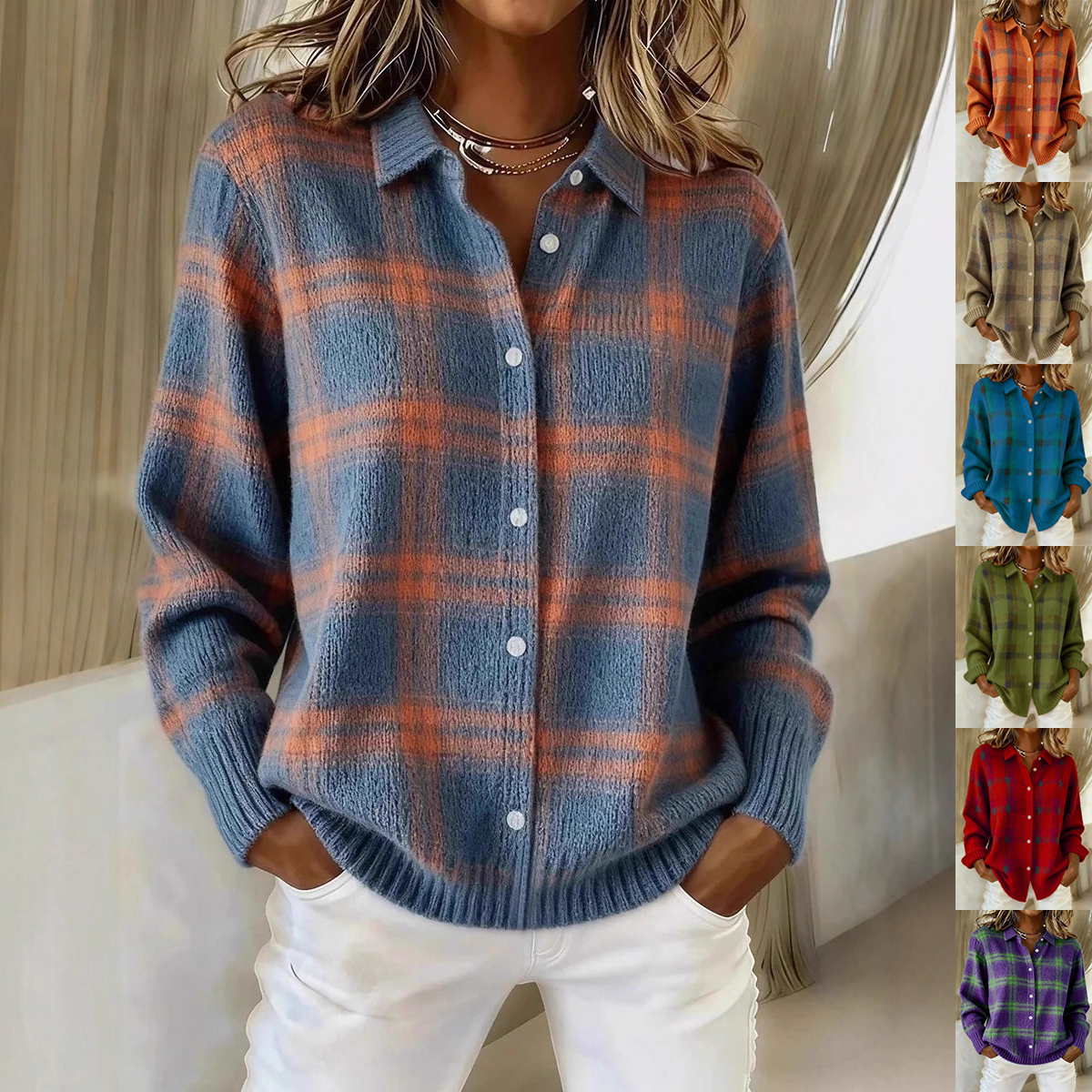 Winter Plaid Sweaters Women's Loose Long Sleeve Lapel Shirt Casual Button Down Blouse Daily Clothing
