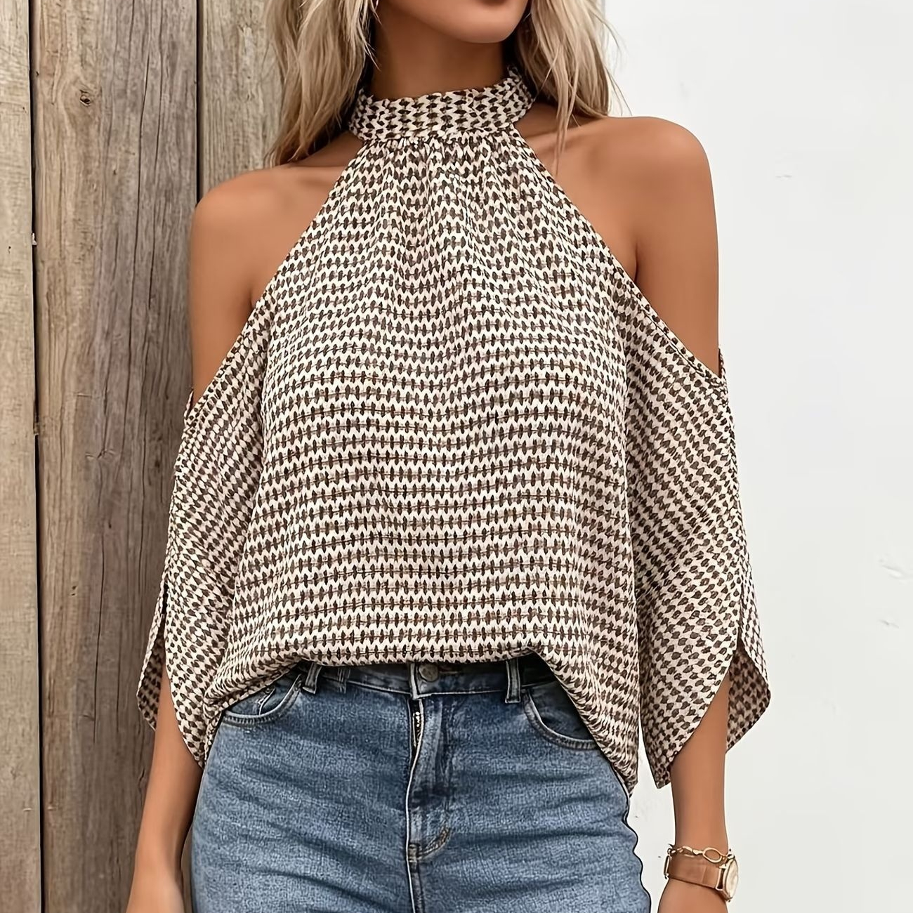 Geometric-print Mock-neck Halter Top