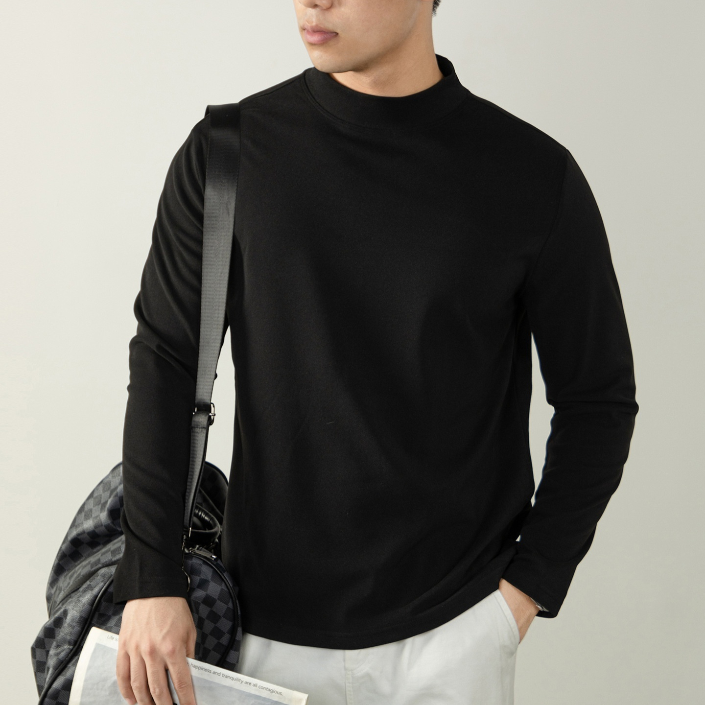 Mens Double-Sided Warm And Soft Mock-Neck Long-Sleeve T-Shirt