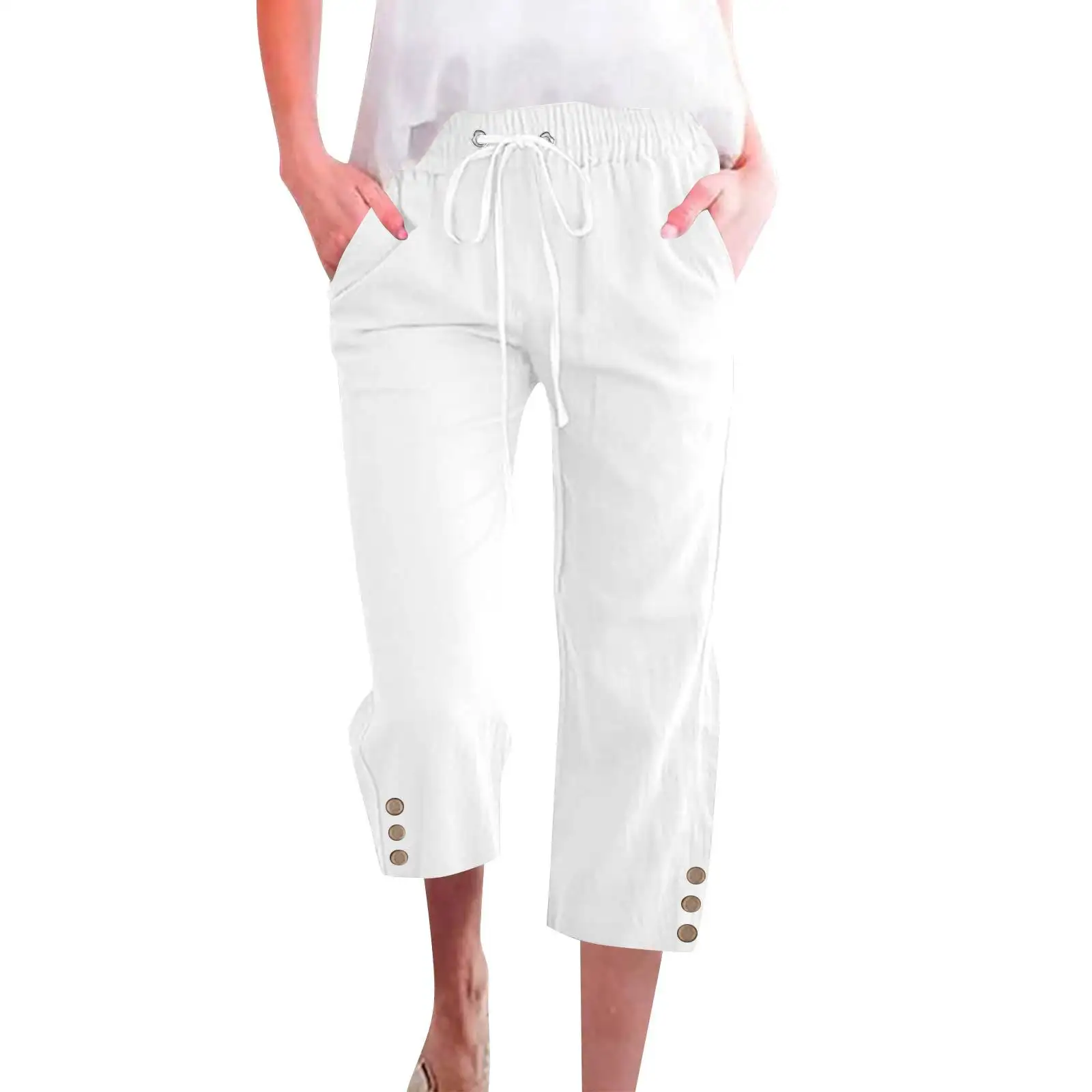 Womens Solid-Colored Drawstring Cotton-Linen Casual Loose-Fit Home