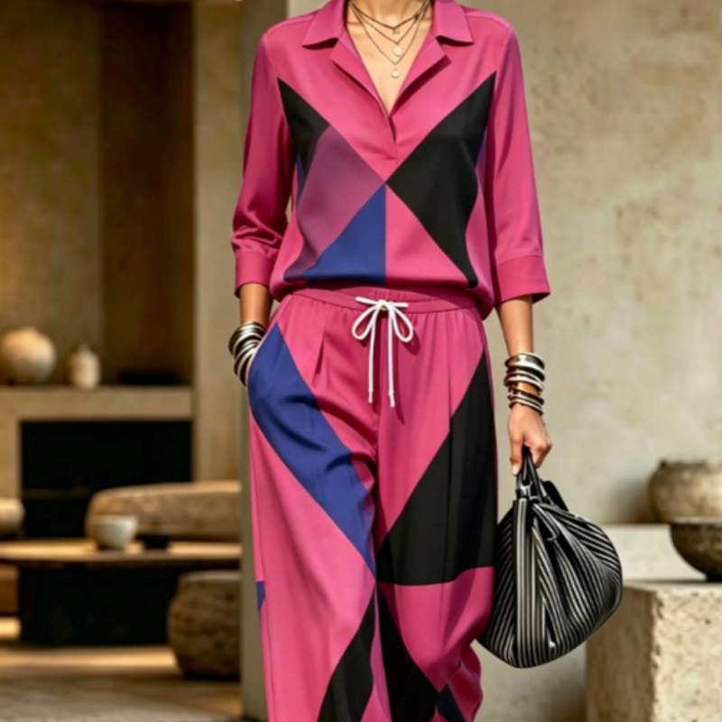 Womens Summer Lapel-Neck Cropped-Sleeve Set