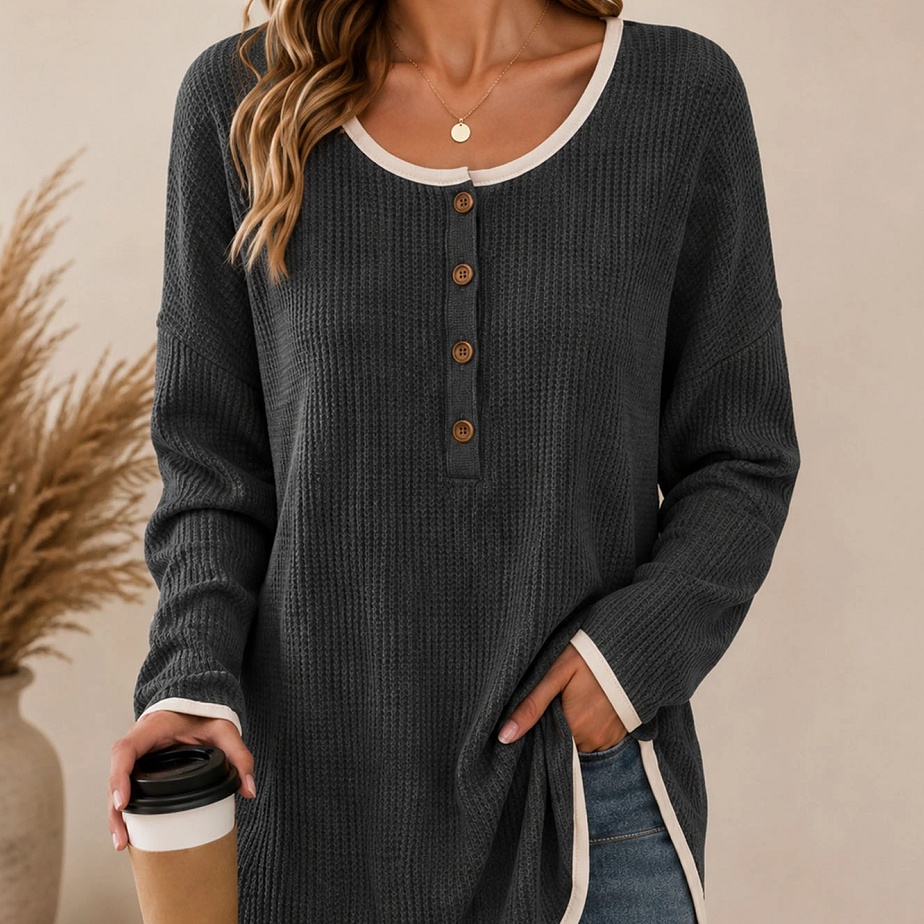 Solid-color Long-sleeve Waffle-knit Crew-neck Pullover For Women