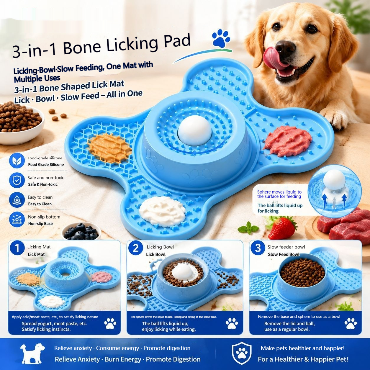 Pet Silicone 3-in-1 Licking Mat With Partitioned Textures To Prevent Choking