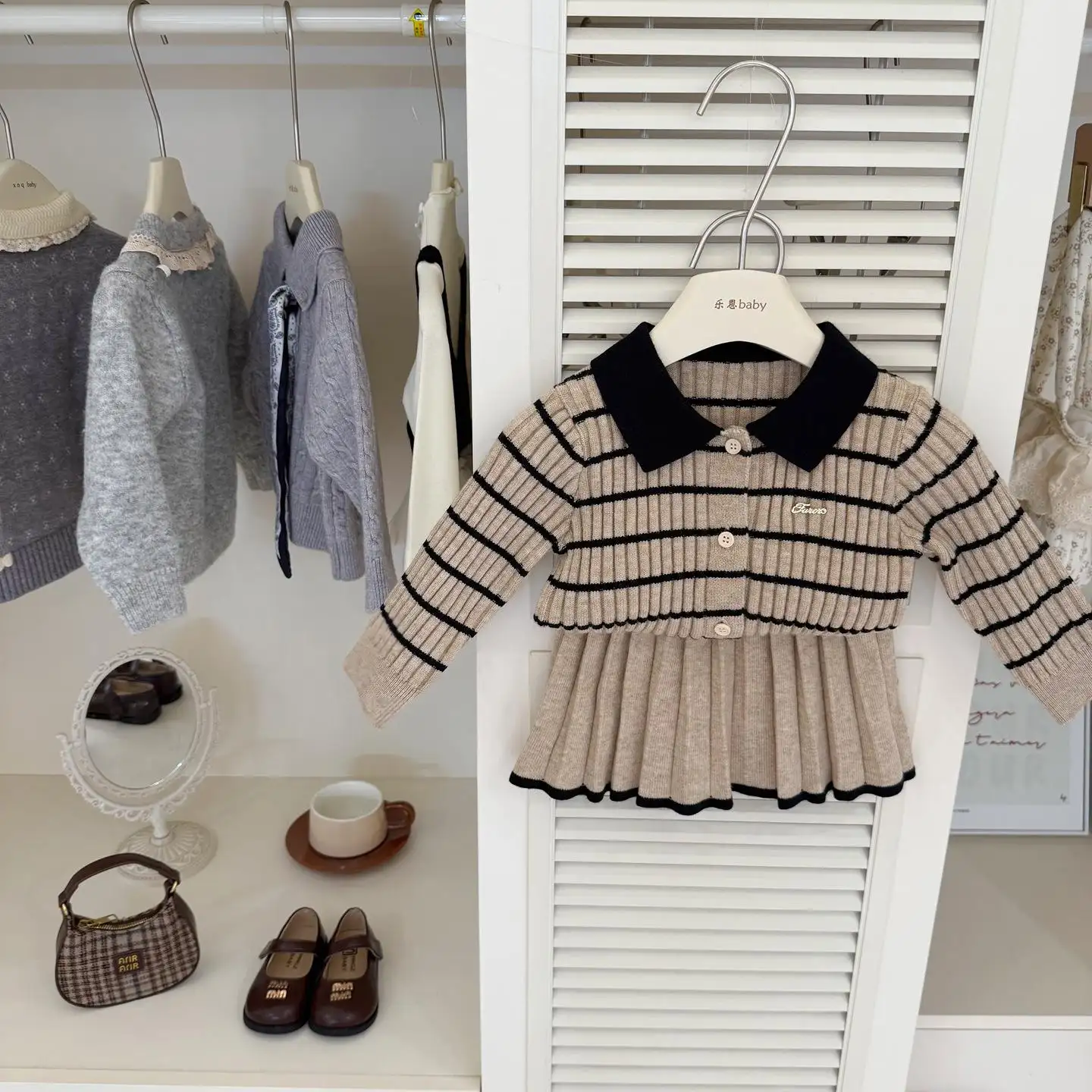 Girls Striped Knitted Sweater And Pleated Skirt