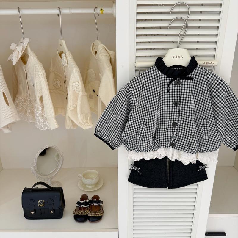 Little Girls Black Plaid Jacket With A Patchwork Lace Hem