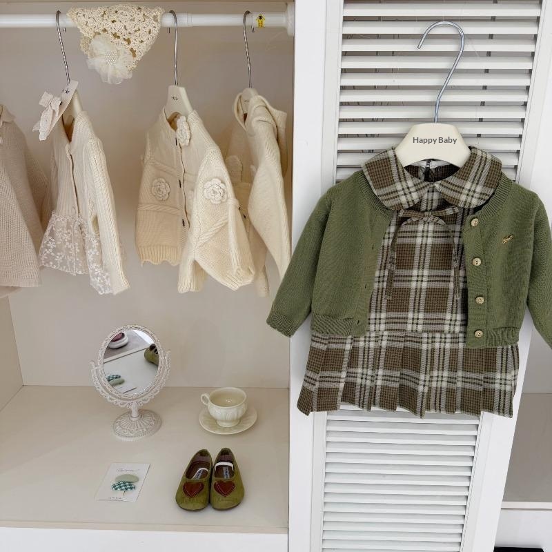 Little Girls Matcha Green Plaid Vest Dress And Cardigan Set