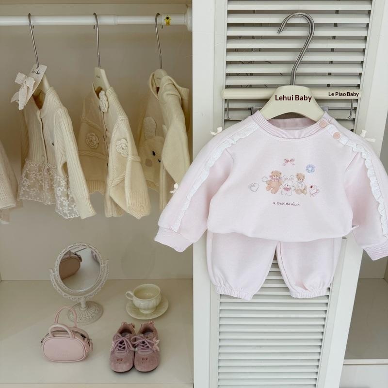 Girls Cartoon Bear-Lace Sweatshirt And Bottoms Set