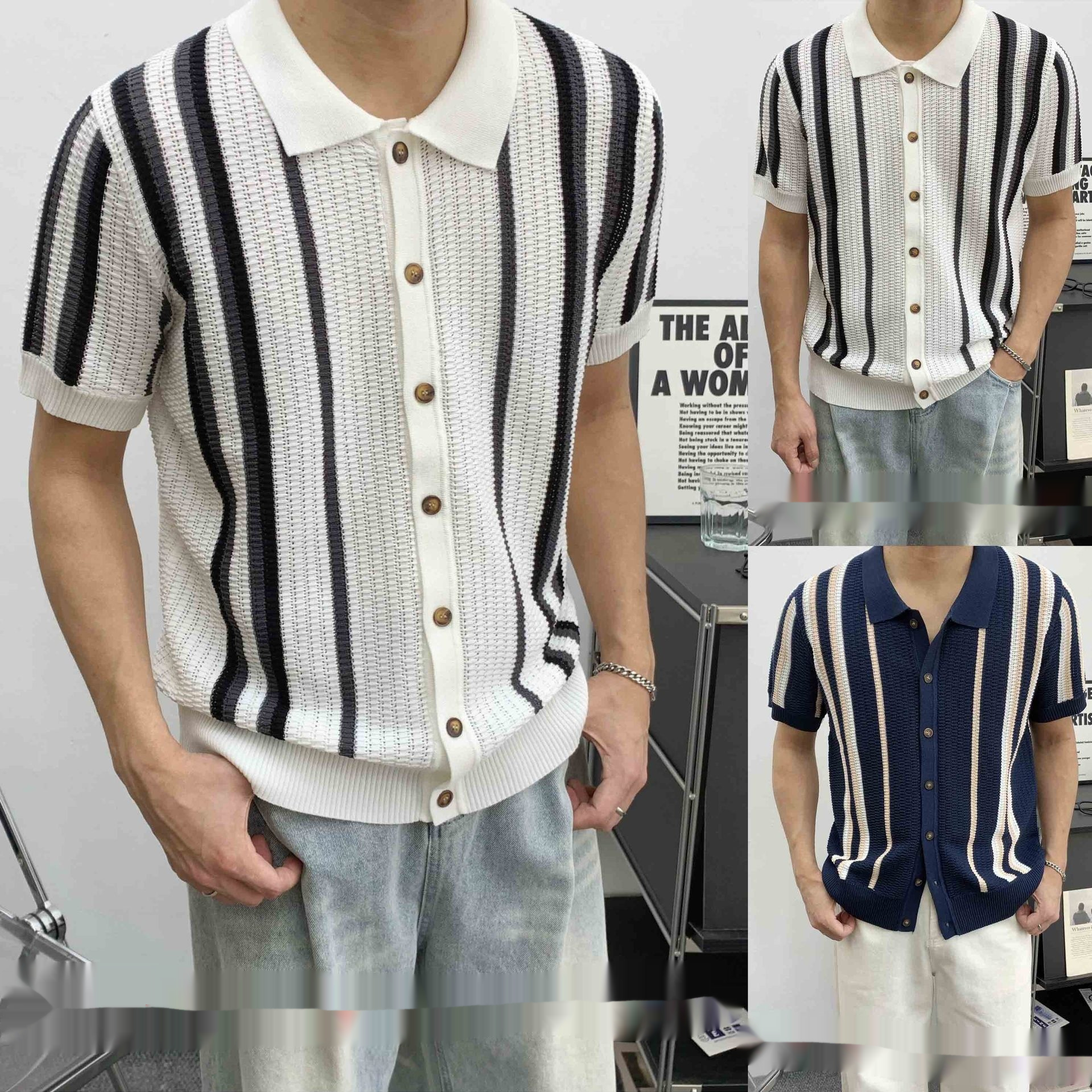 Mens Lapel-neck Hollow-out Striped Preppy-style T-shirt
