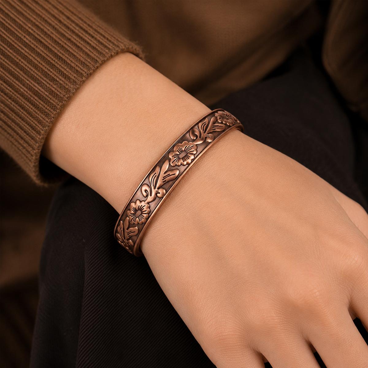 Vintage Pure Copper Bracelet With Flower And 6 Magnets