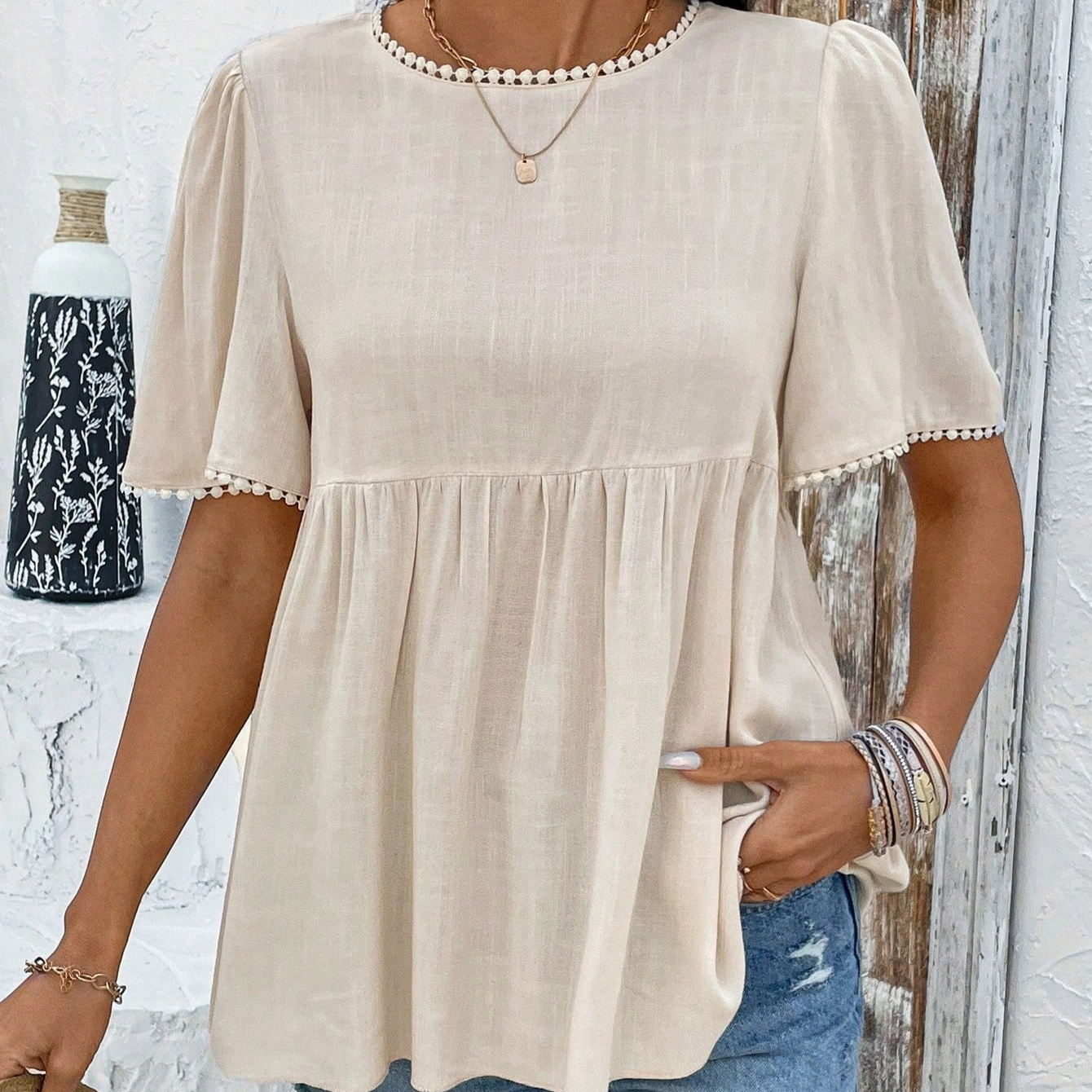 Fashionable Round-neck Short-sleeve Summer Lace Trim