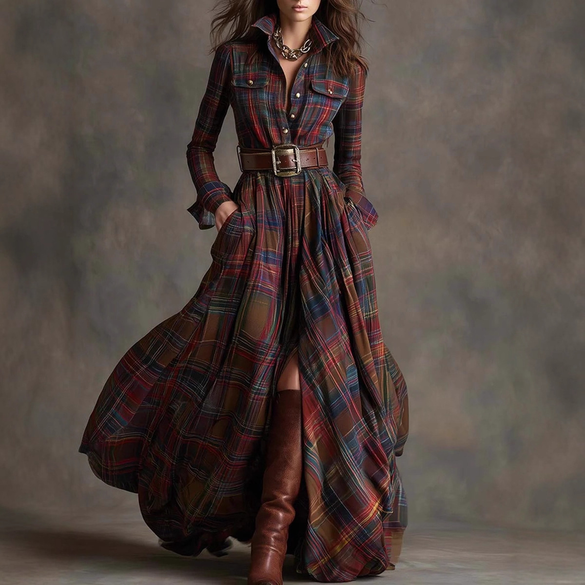 Women'sPlaid Print Long-Sleeved Fashion Pockets Collared Buttons Shirt Long Dresses Retro