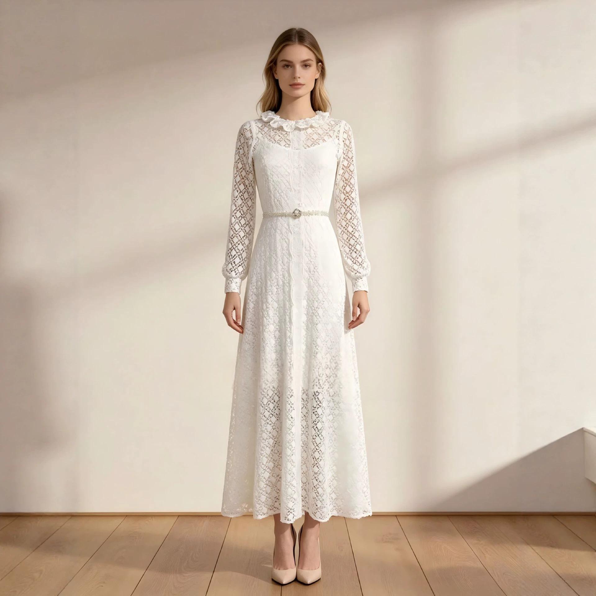 Womens Retro Embroidered Lace Hollow-Out Dress