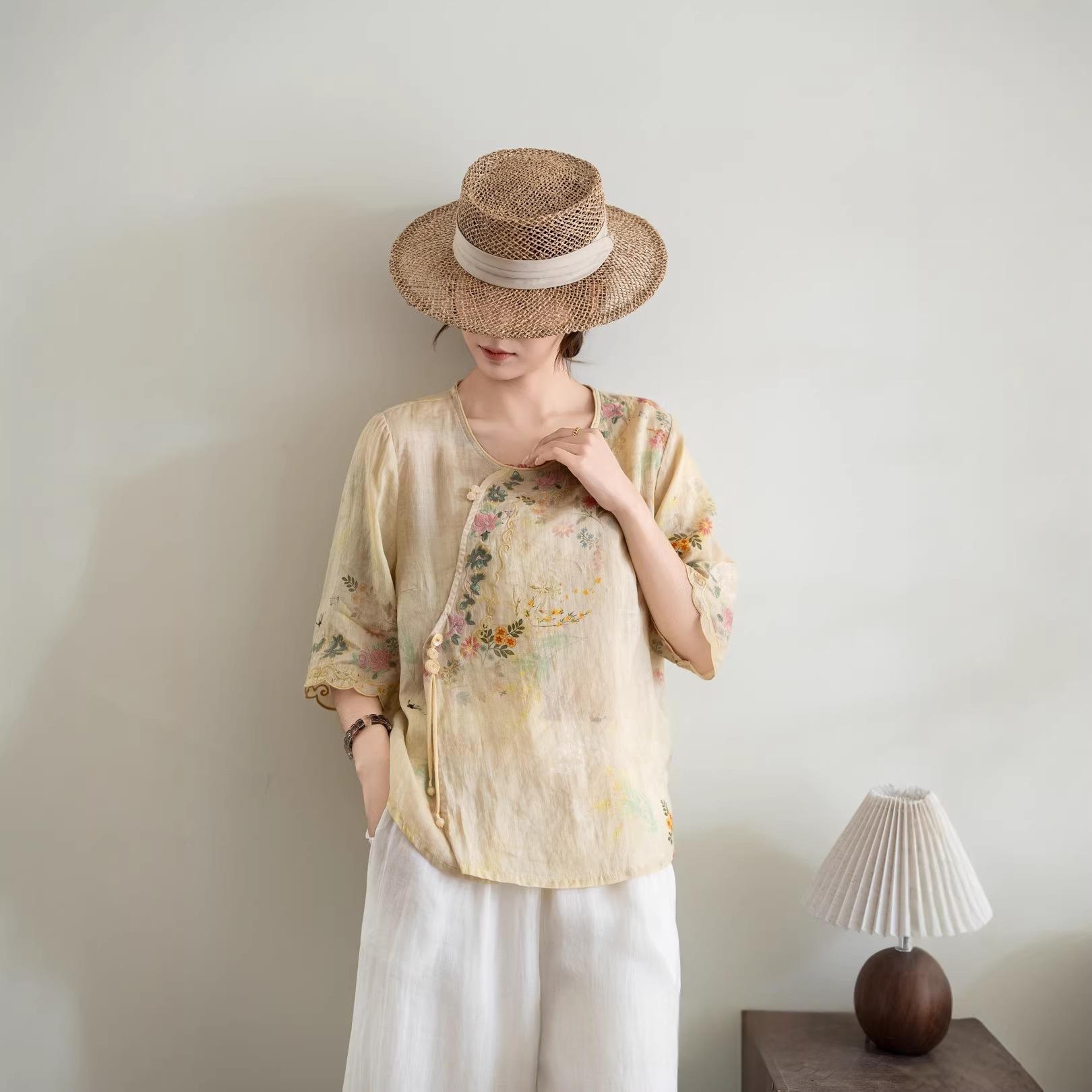 Women's Fashion Embroidered Ramie Top With Slanted Placket — image 1