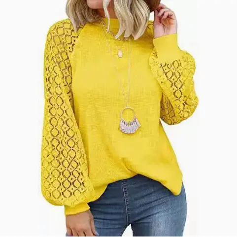 Round Neck Long Sleeve Lace Stitching Top Women