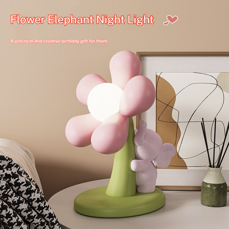 Cute Flocked Elephant Desk Lamp Bedroom And Living Room Flower Decor