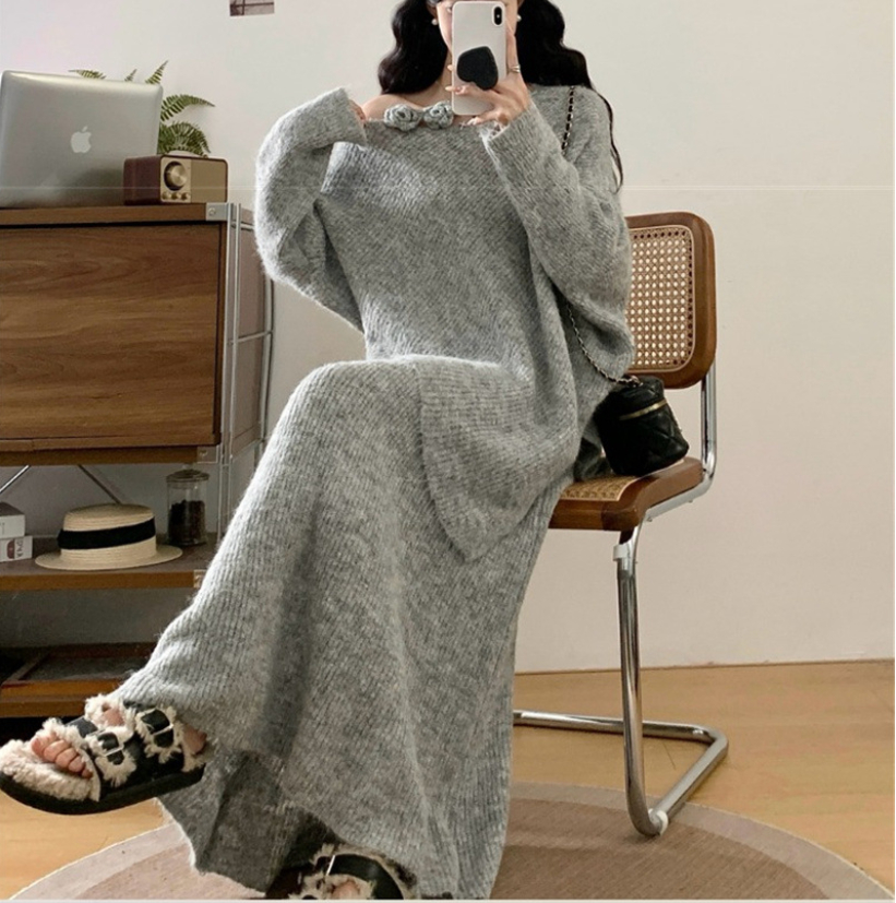 Three-Dimensional Rose-Embroidered Sweater And Skirt Womens Autumn Winter Knit Set — image 1