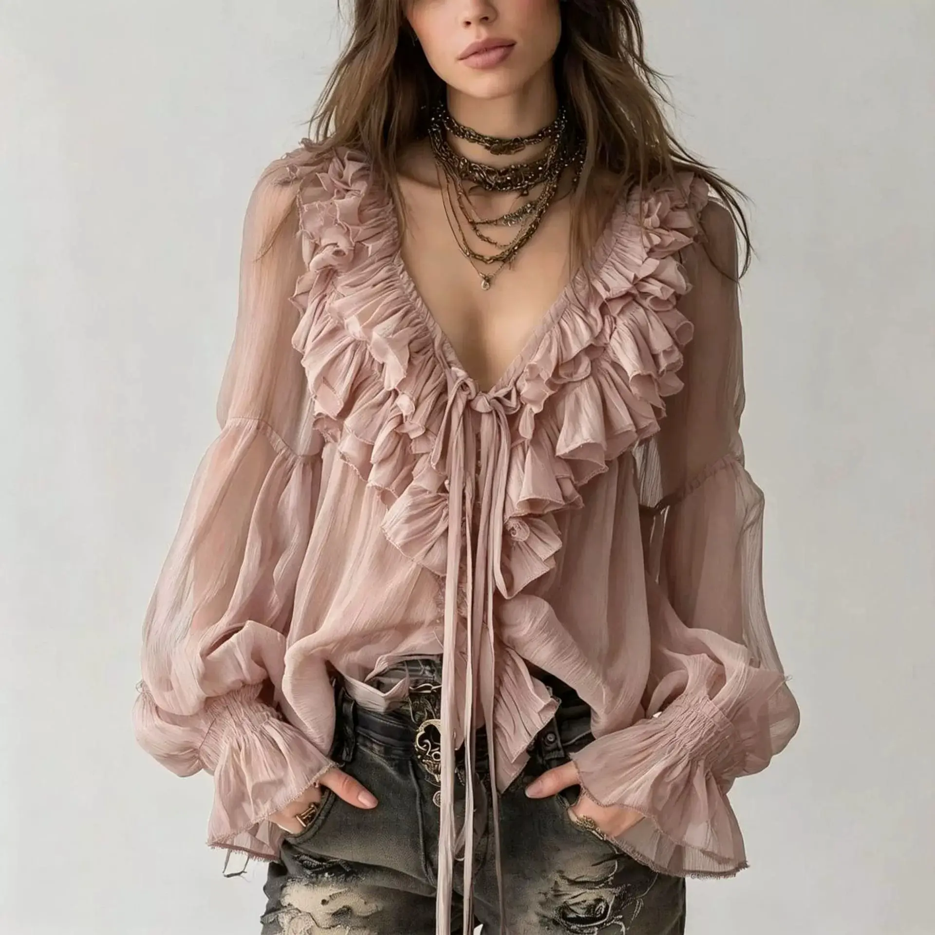 Womens Fashionable Casual V-Neck Long-Sleeve Ruffle-Trim Shirt