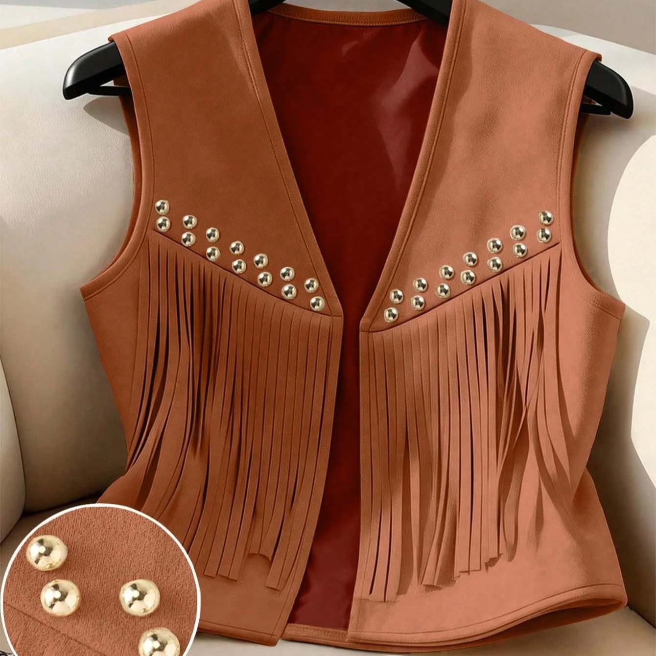 Western-style Suede-look Vest With Rivets And Tassels For Women