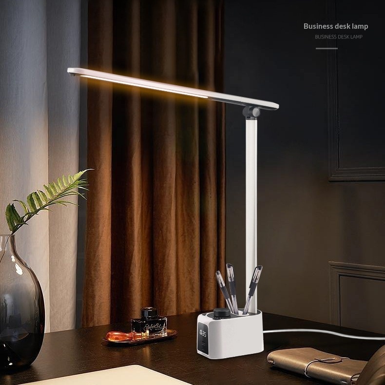 USB-Charging Eye-Care Desk Lamp With Clock And Pen Holder Stand