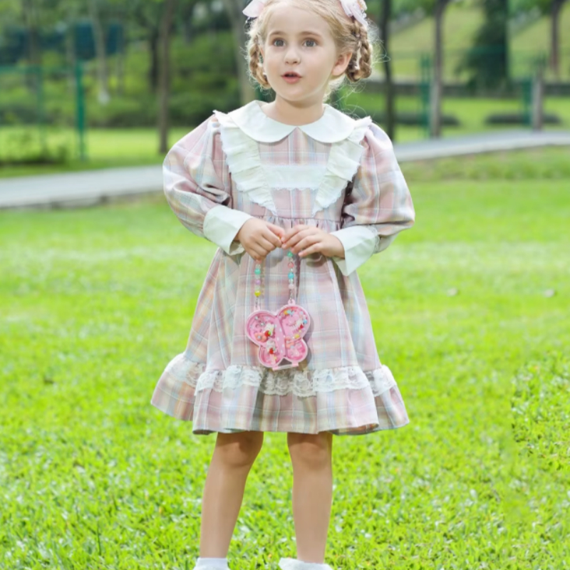 Pleated Checkered One-piece Children's Girl Dress