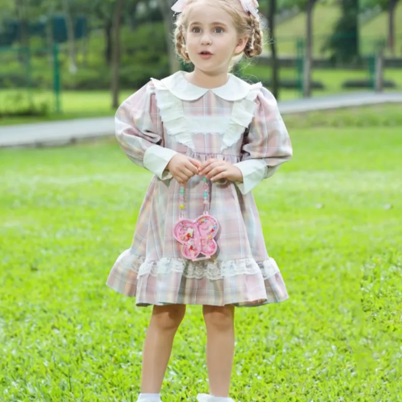 Pleated Checkered One-piece Children's Girl Dress
