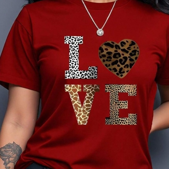 Cotton-Feel Leopard-Print Heart-Embroidered T-Shirt — image 1