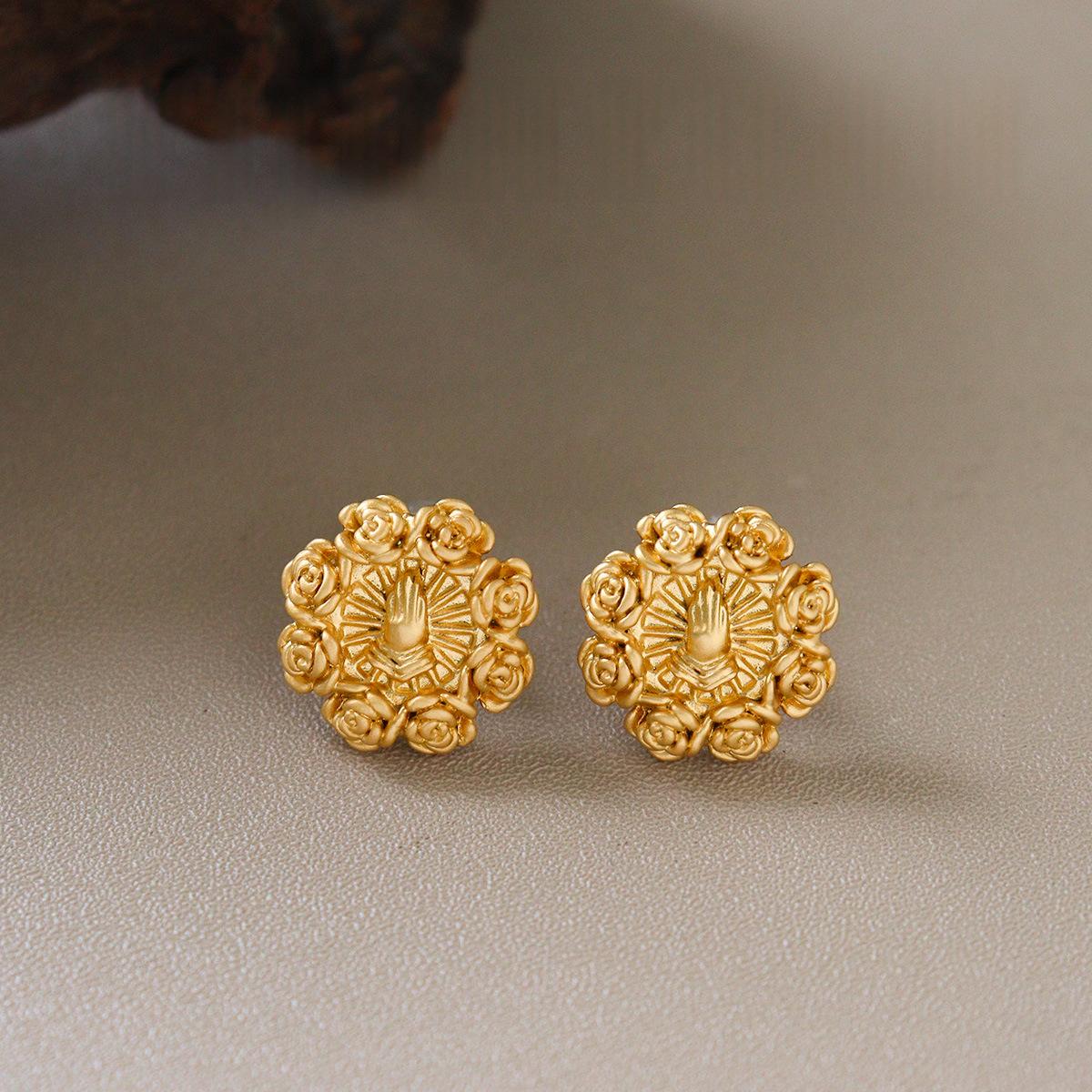 Womens Rose Prayer-Hands Relief Earrings
