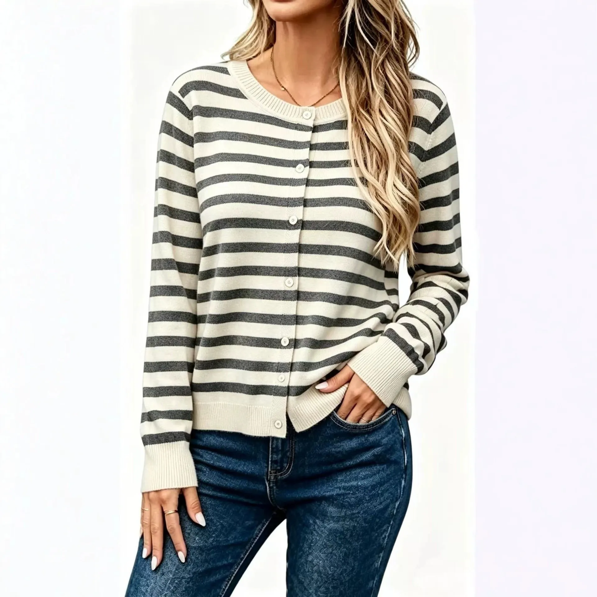 New Long-sleeved Striped Knit Sweater Womens Loose-fitting