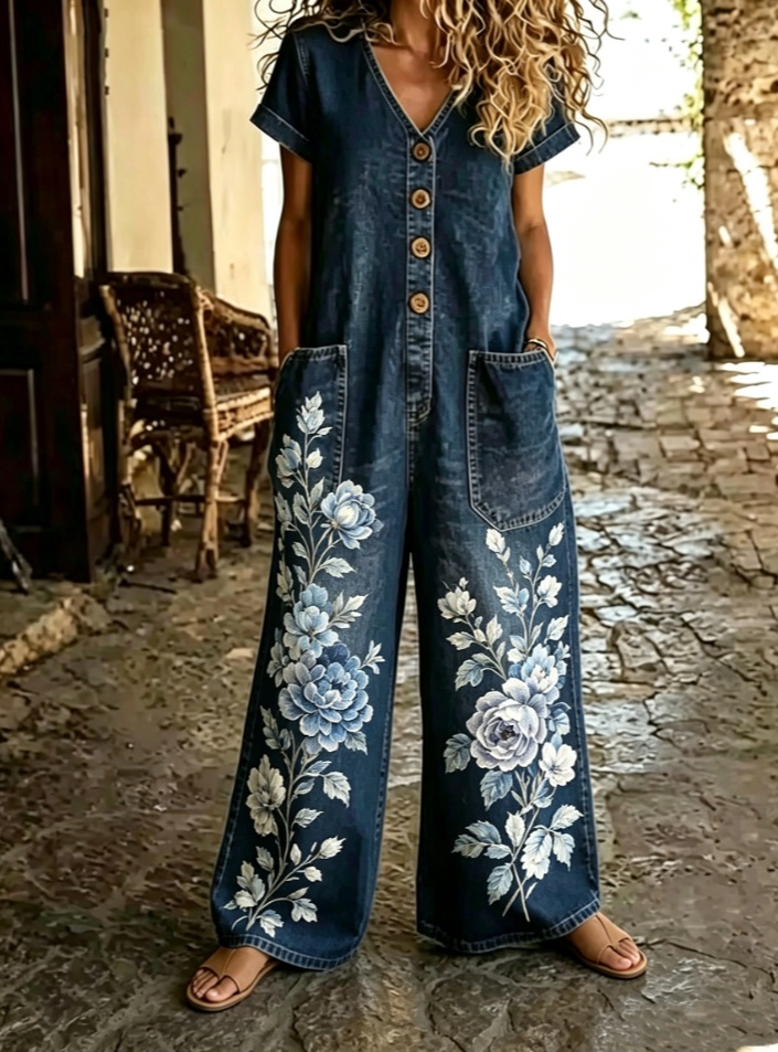 Buttoned Pockets Comfortable Short Sleeves Casual One-piece Wide-leg Jumpsuit