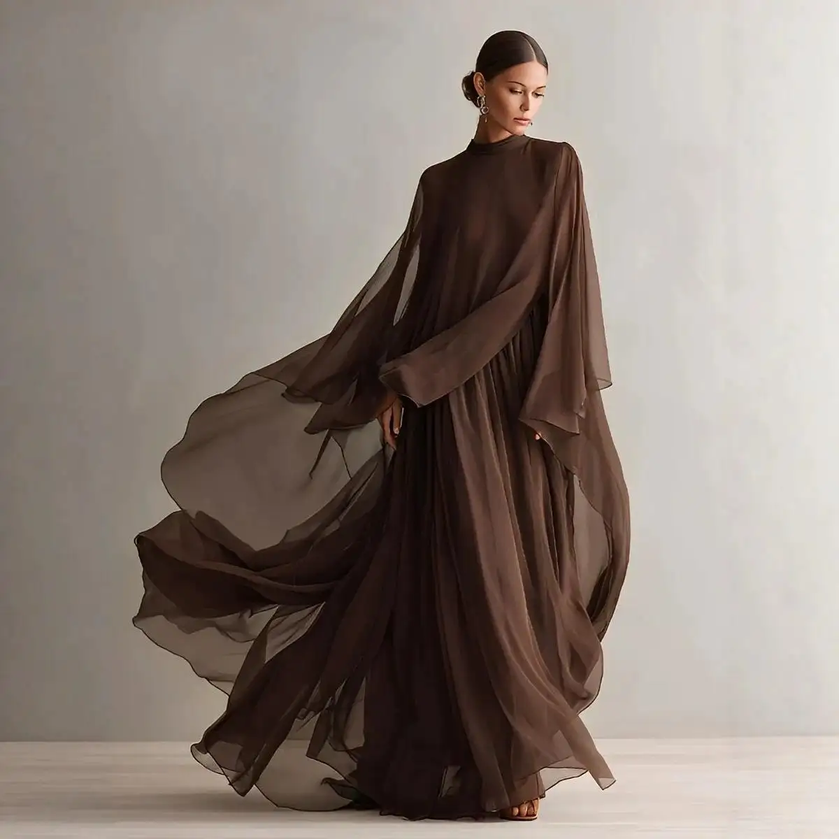 Womens Batwing-sleeve Figure-flattering Solid-color Comfortable Mesh Dress