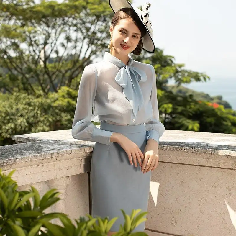 Womens Long-Sleeve Chiffon Satin Shirt