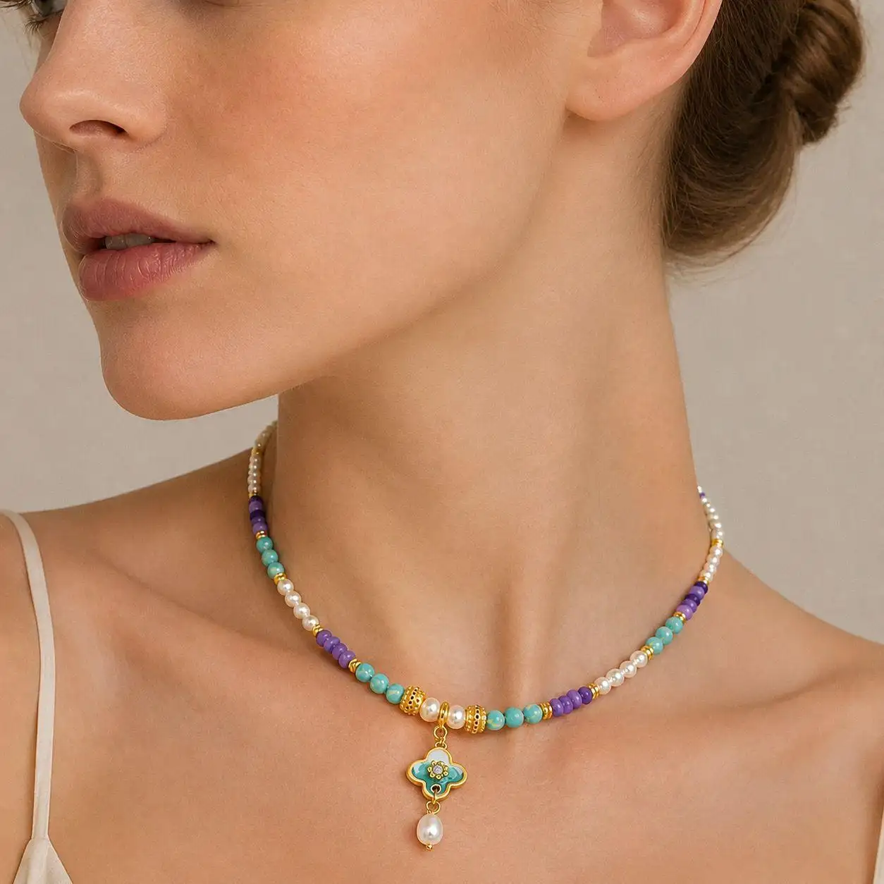 Womens Colorful Dripped-Oil Dopamine Natural Stone Beaded