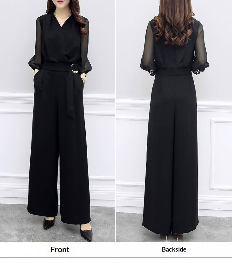 High-waisted Casual Black Three-quarter-sleeve Jumpsuit Set