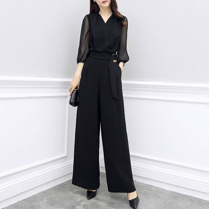 High-waisted Casual Black Three-quarter-sleeve Jumpsuit Set
