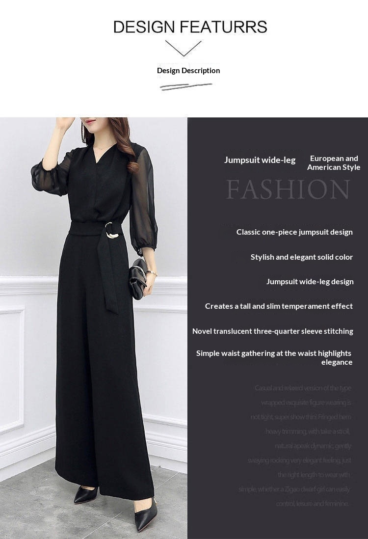 High-waisted Casual Black Three-quarter-sleeve Jumpsuit Set