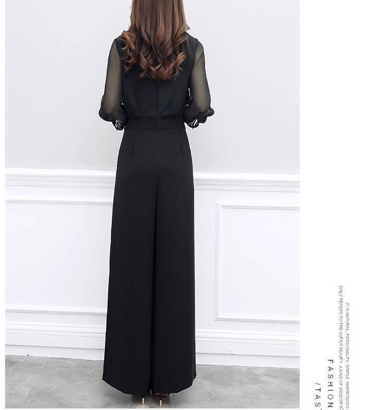 High-waisted Casual Black Three-quarter-sleeve Jumpsuit Set