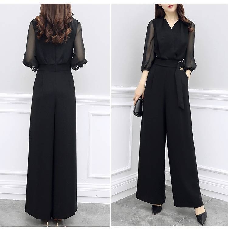 High-waisted Casual Black Three-quarter-sleeve Jumpsuit Set