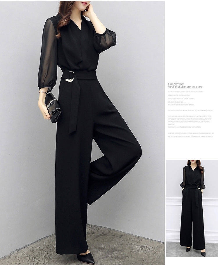 High-waisted Casual Black Three-quarter-sleeve Jumpsuit Set