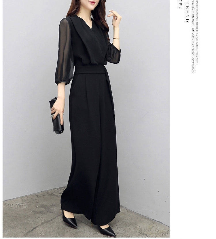 High-waisted Casual Black Three-quarter-sleeve Jumpsuit Set