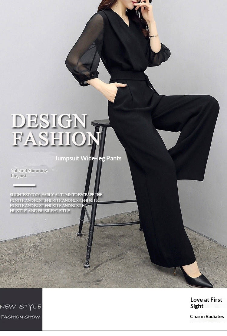 High-waisted Casual Black Three-quarter-sleeve Jumpsuit Set
