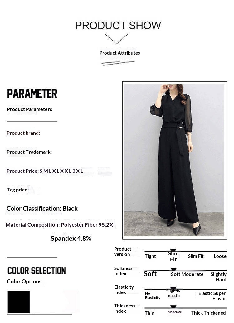 High-waisted Casual Black Three-quarter-sleeve Jumpsuit Set