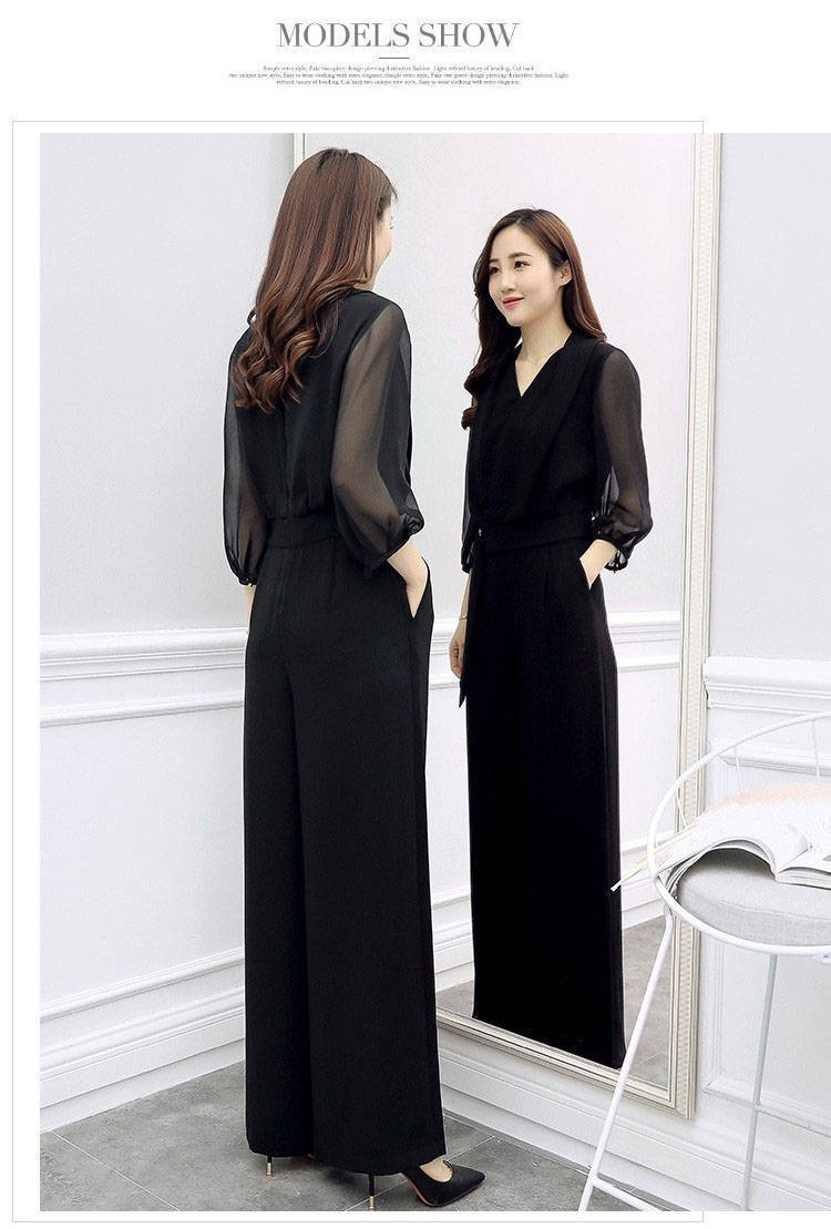 High-waisted Casual Black Three-quarter-sleeve Jumpsuit Set