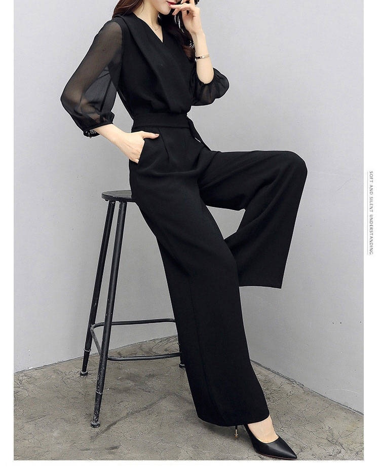 High-waisted Casual Black Three-quarter-sleeve Jumpsuit Set
