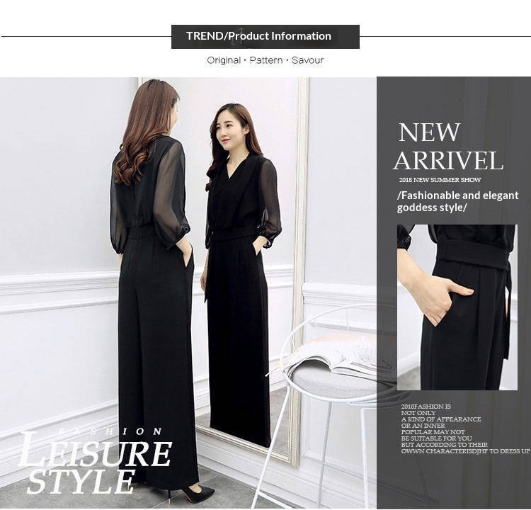 High-waisted Casual Black Three-quarter-sleeve Jumpsuit Set