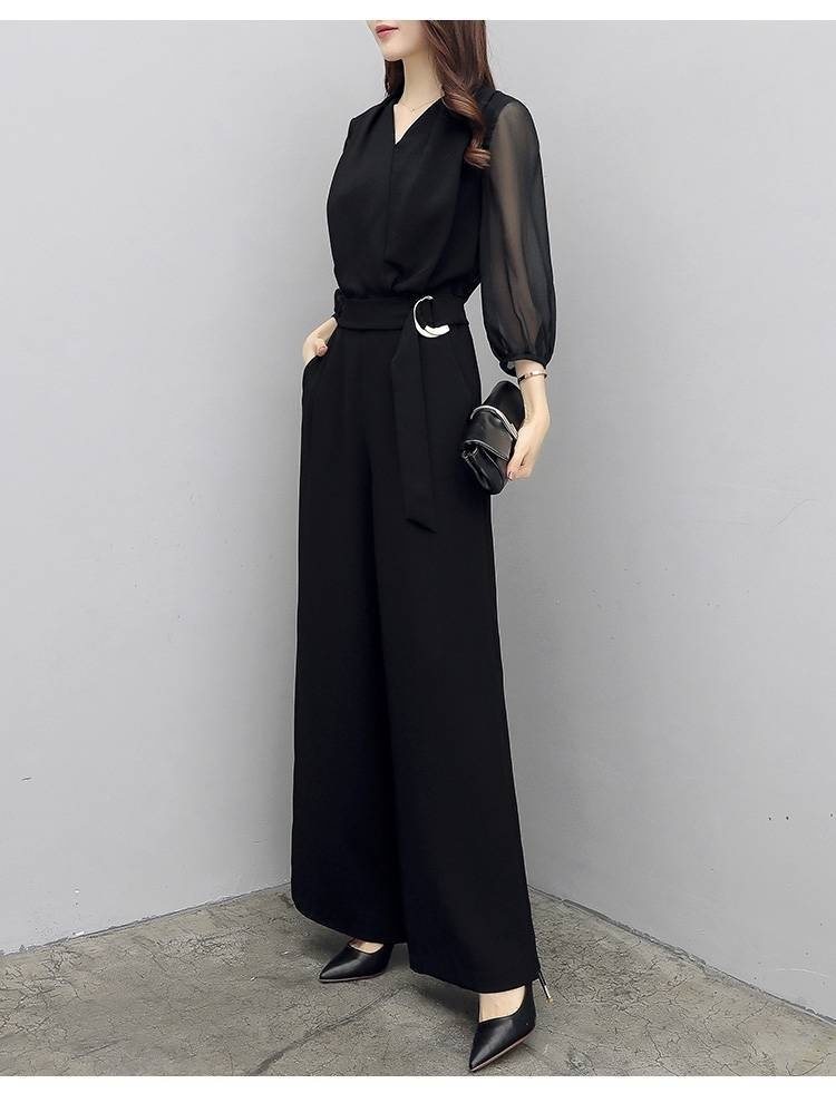 High-waisted Casual Black Three-quarter-sleeve Jumpsuit Set