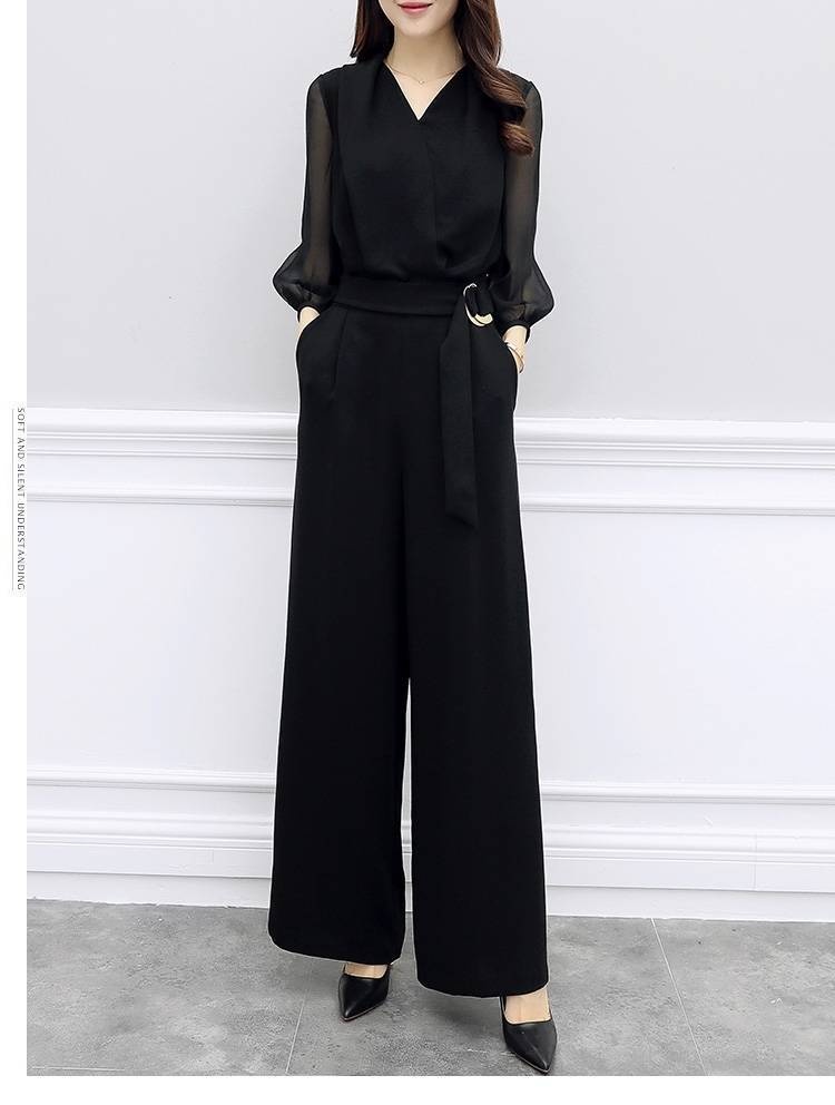 High-waisted Casual Black Three-quarter-sleeve Jumpsuit Set