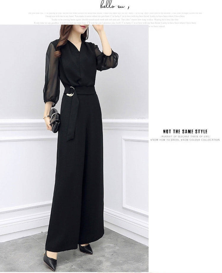 High-waisted Casual Black Three-quarter-sleeve Jumpsuit Set